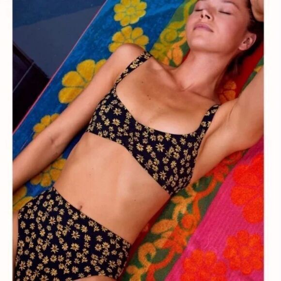 New! Set! Free People x Thrills black daisy high waist bikini, US‎ size S - Picture 1 of 15
